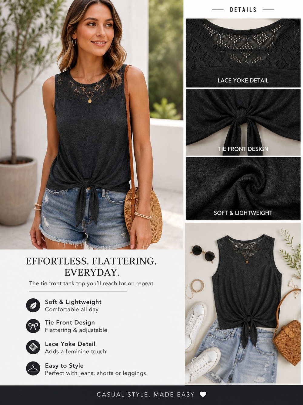 Rue21 XL Lace Yoke Tie Front Tank Top | Fits Like Medium | Charcoal Gray Boho Sl